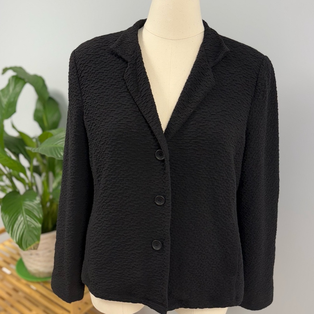 Eileen Fisher Textured Crinkle Blazer XL Black Jacket 3 Button Classic Career